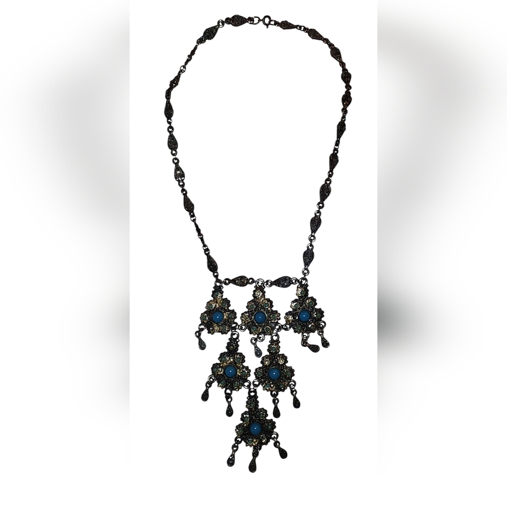 Silver Vintage Medieval Bib Statement Necklace Blue Stones 18"-20" Adjustable
